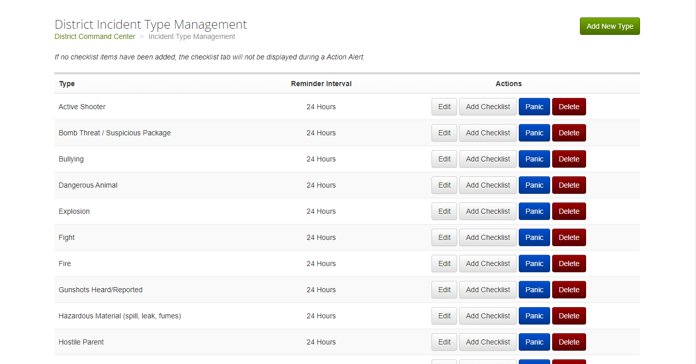 Screenshot of District Incident Type Management page